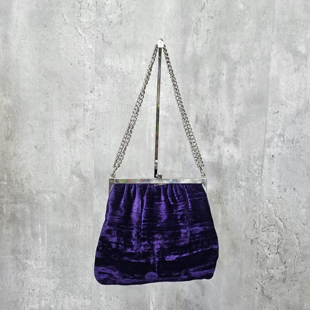 Vintage Purple Velvet Evening Bag Silver Frame Chain Strap Kiss Lock Purse - Picture 3 of 16